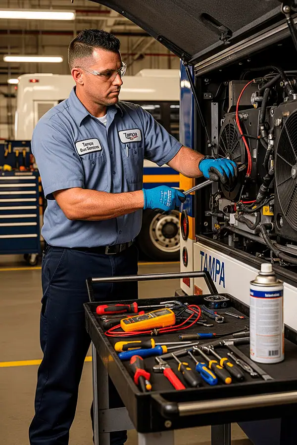 Technician servicing a bus AC system in Tampa