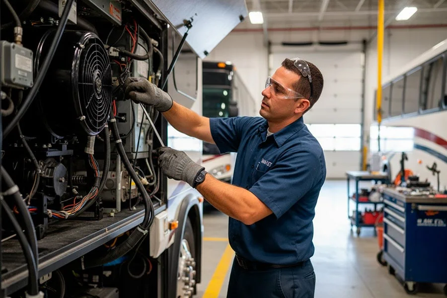 Technician repairing a charter bus AC system