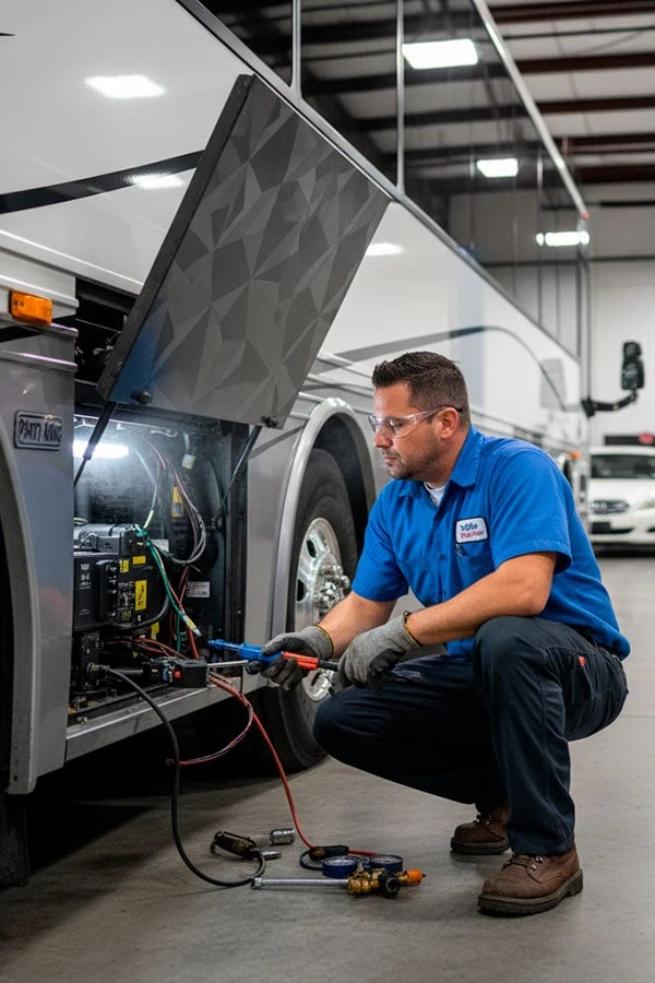 Certified technician performing party bus AC repair in Tampa