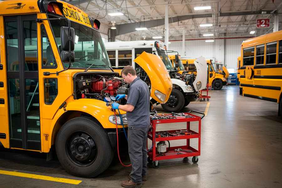 Technician repairing a school bus AC system